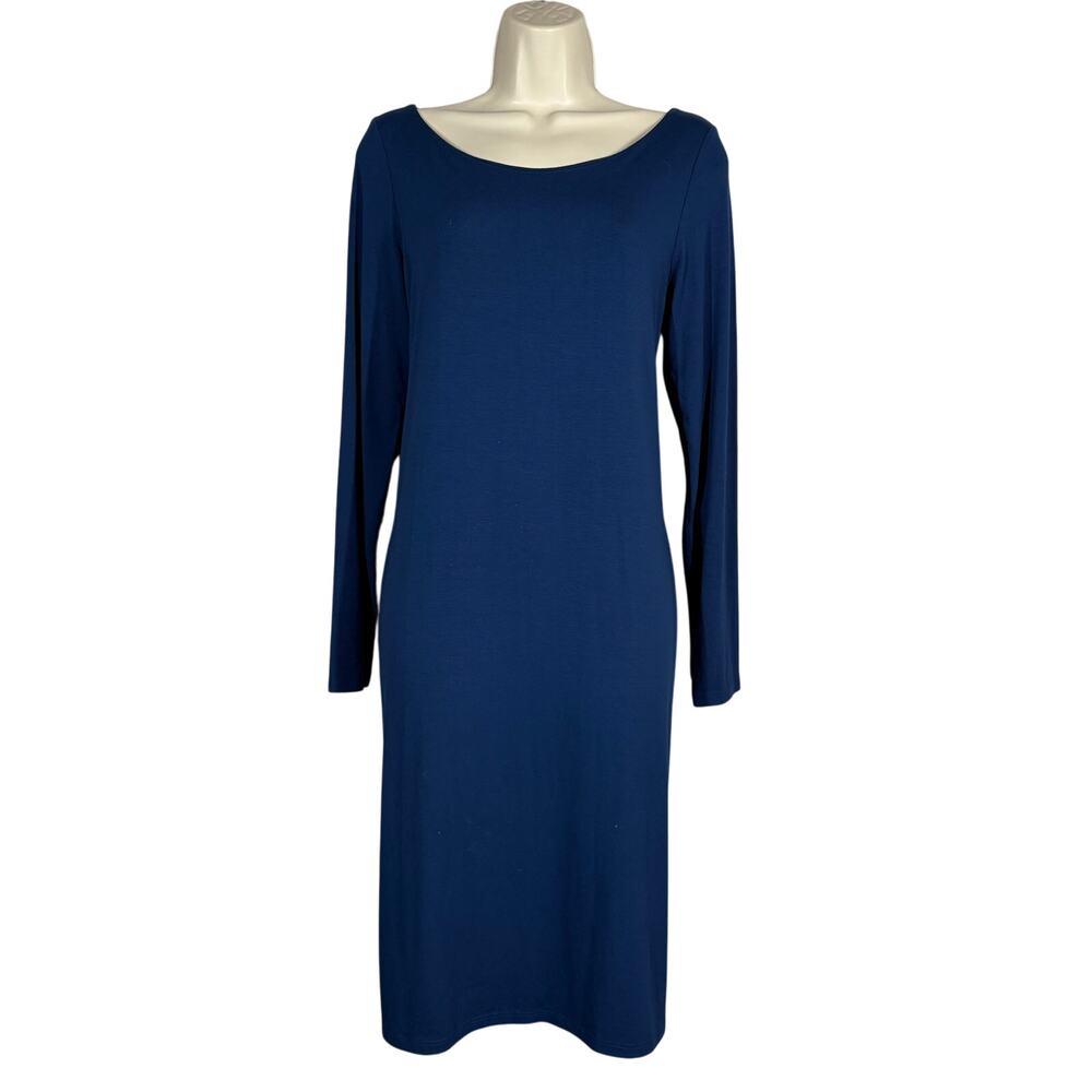 Eileen Fisher Jersey Sheath Midi Dress Low Open Back Midnight Blue Long Sleeve S